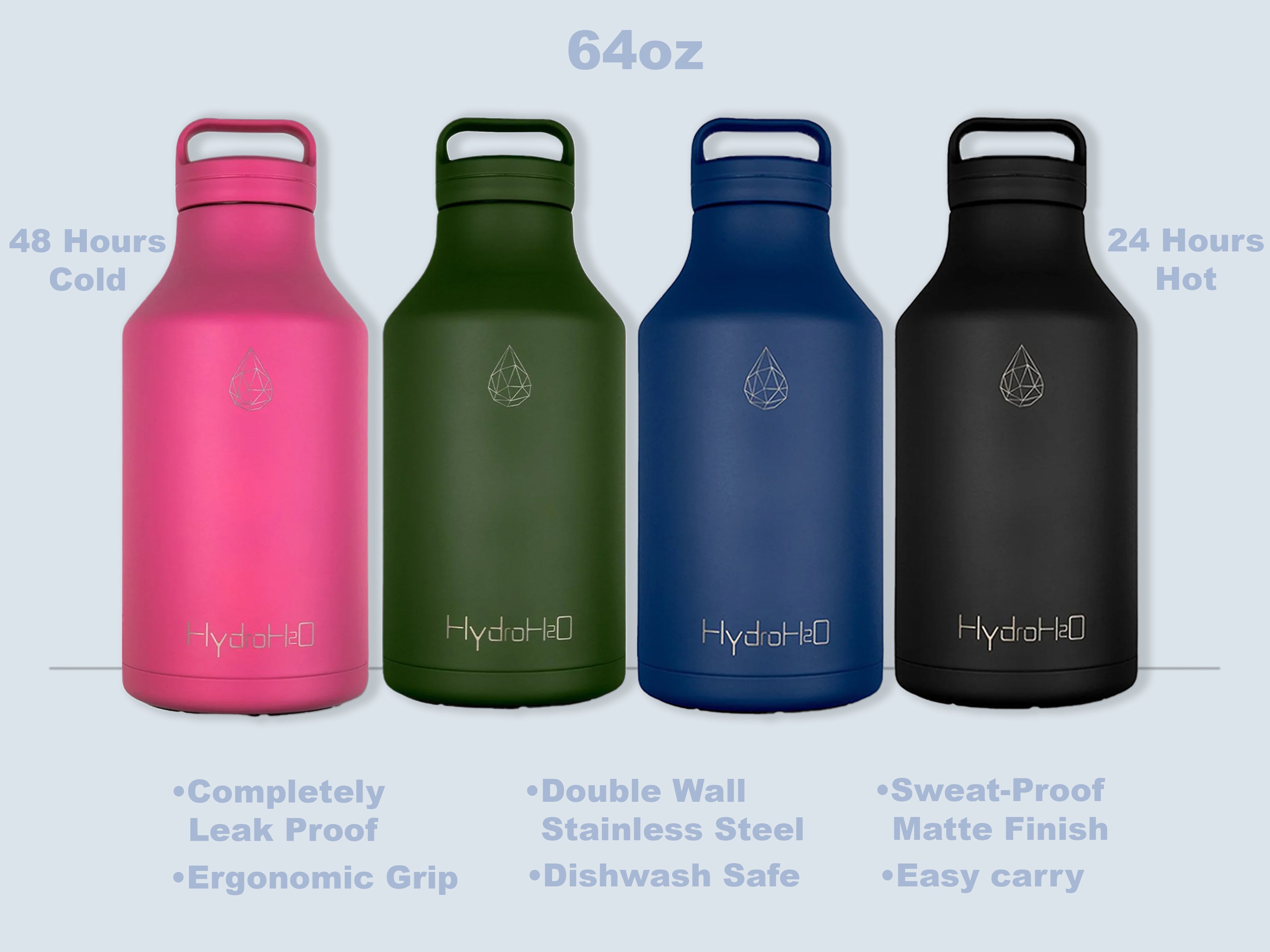 HydroH2O 64oz insulated gym bottles in pink, green, blue, and black, featuring double wall stainless steel, leak-proof design, and 48-hour cold or 24-hour hot performance