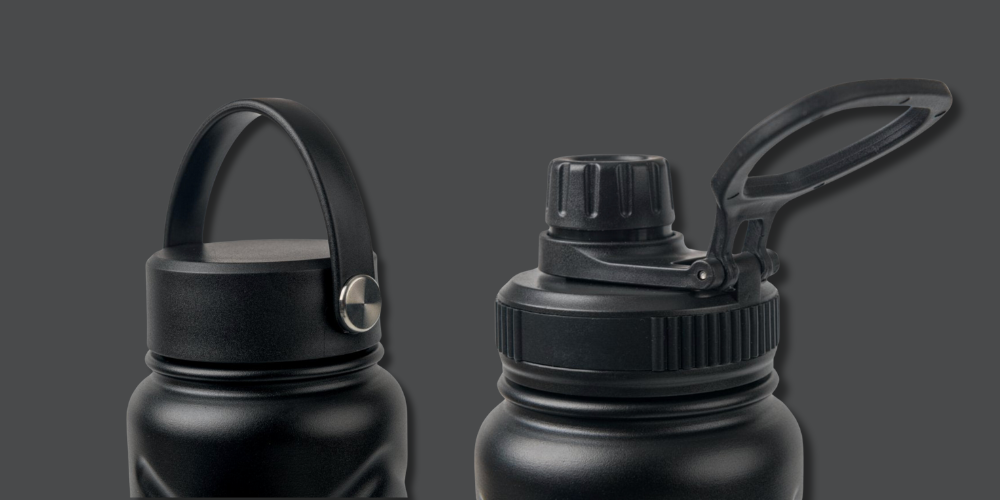 HydroH2O bottle shown with two interchangeable lids: flexible handle lid and flip-top spout lid