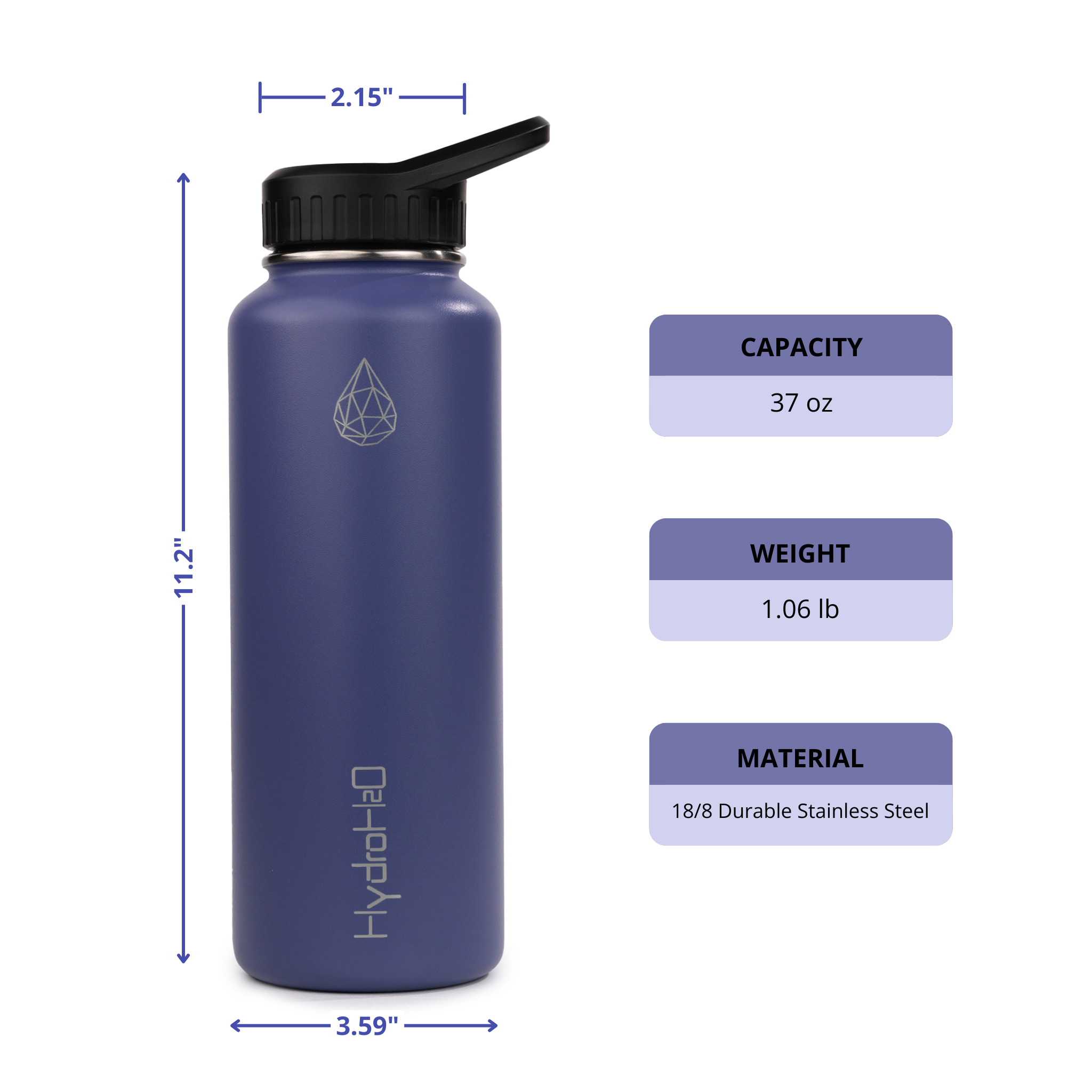 Gym 37oz - HydroH2o - Front - Blue, Dark Blue, Purple, water bottle with black cap - gym metal water bottle - measurements