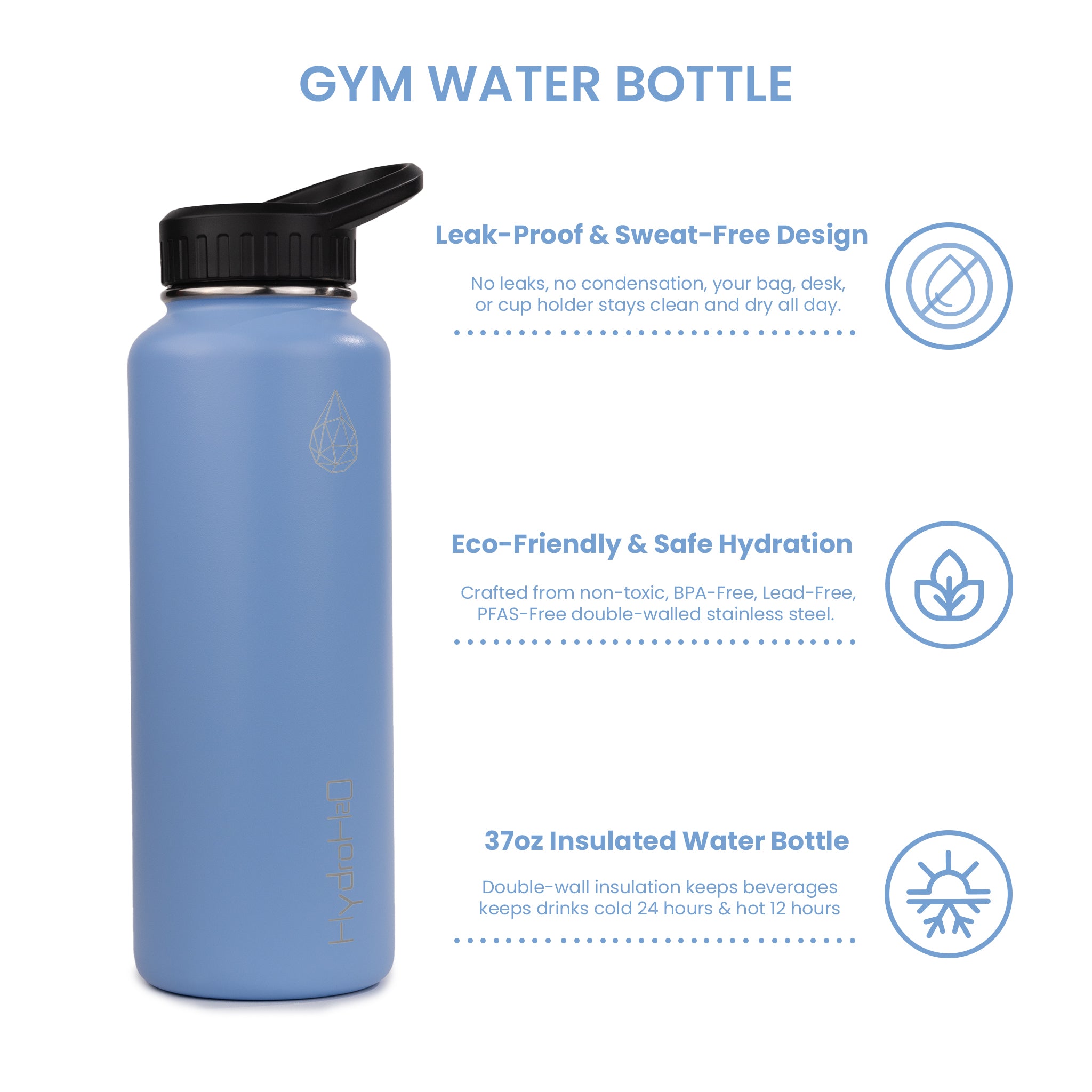 Gym 37oz - HydroH2o - Frozen Fjord - 3.4 View - Blue water bottle with black cap - gym metal water bottle - Leak Proof