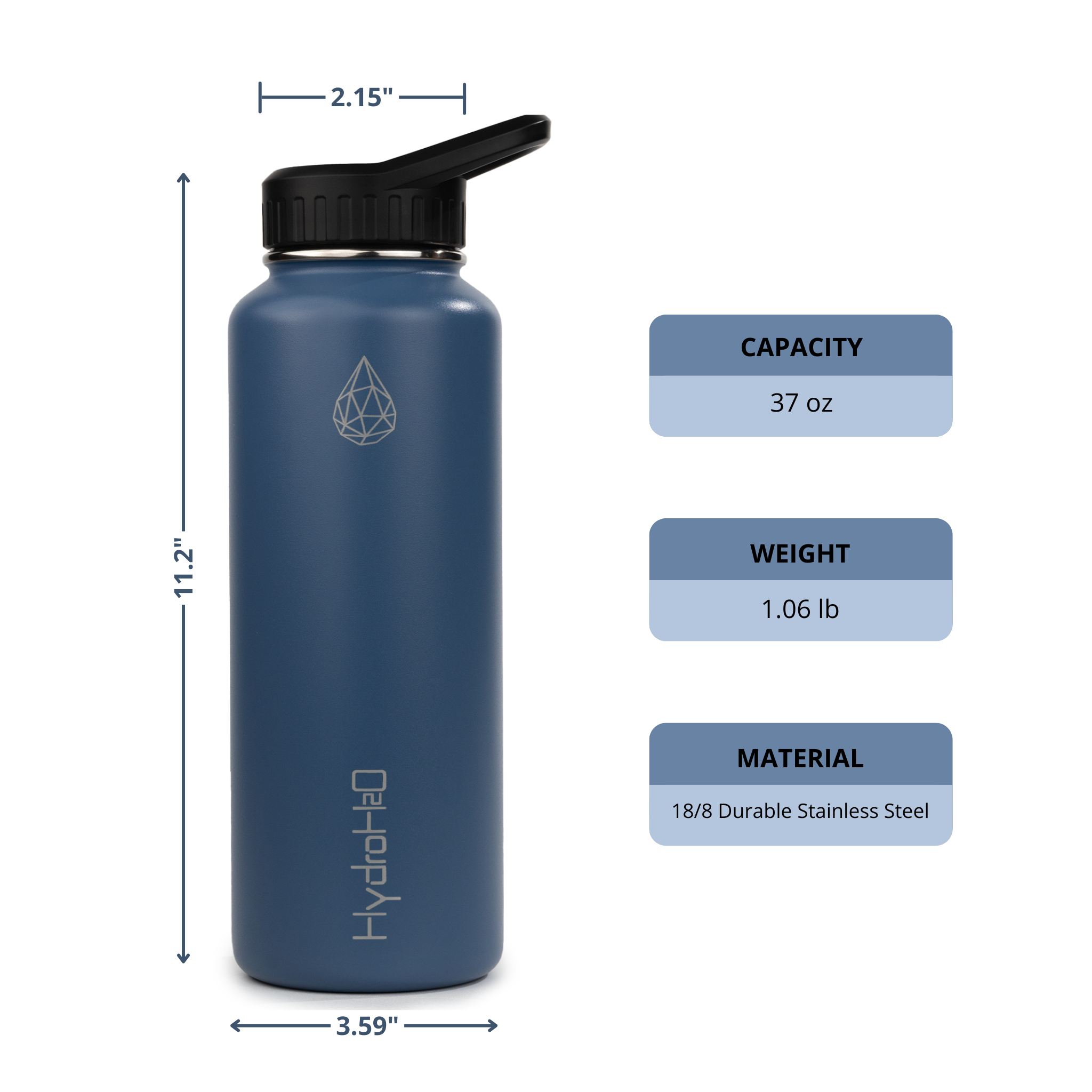 Gym 37oz - HydroH2o - Front - Blue, Dark Blue, Purple, water bottle with black cap - gym metal water bottle - measurements