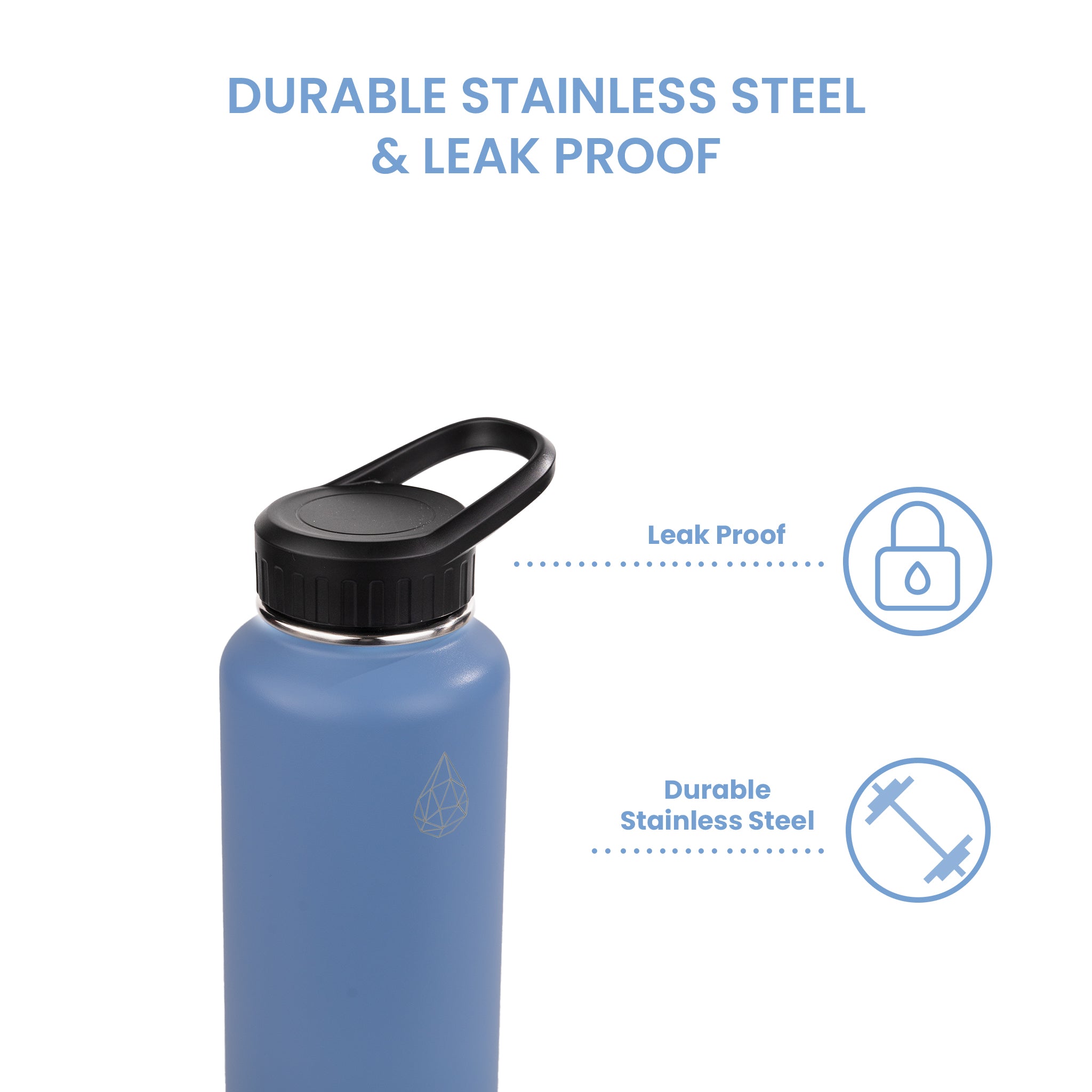 Gym 37oz - HydroH2o - Frozen Fjord - Top - Blue water bottle with black cap - gym metal water bottle - Features - Leak Proof