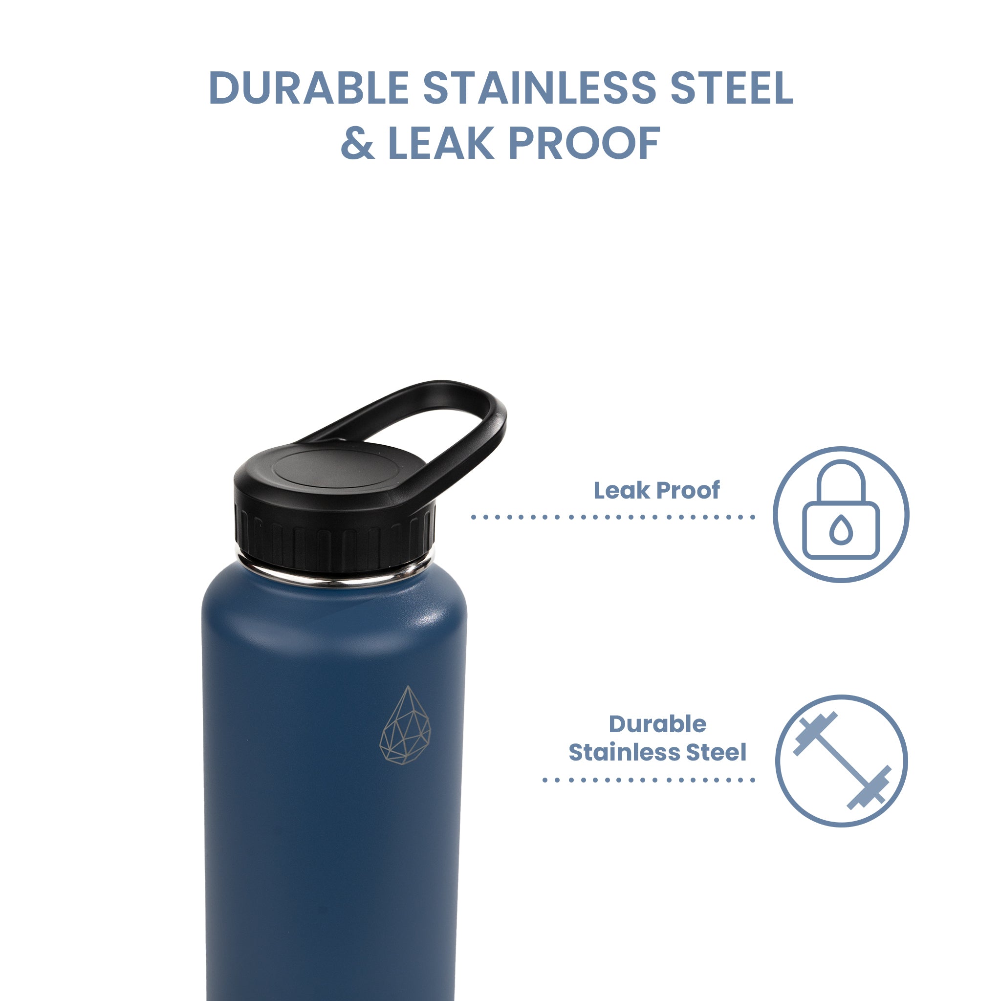 Gym 37oz - HydroH2o - Wild Wind -3.4 View - Dark Blue water bottle with black cap gym metal water bottle - Leak Proof