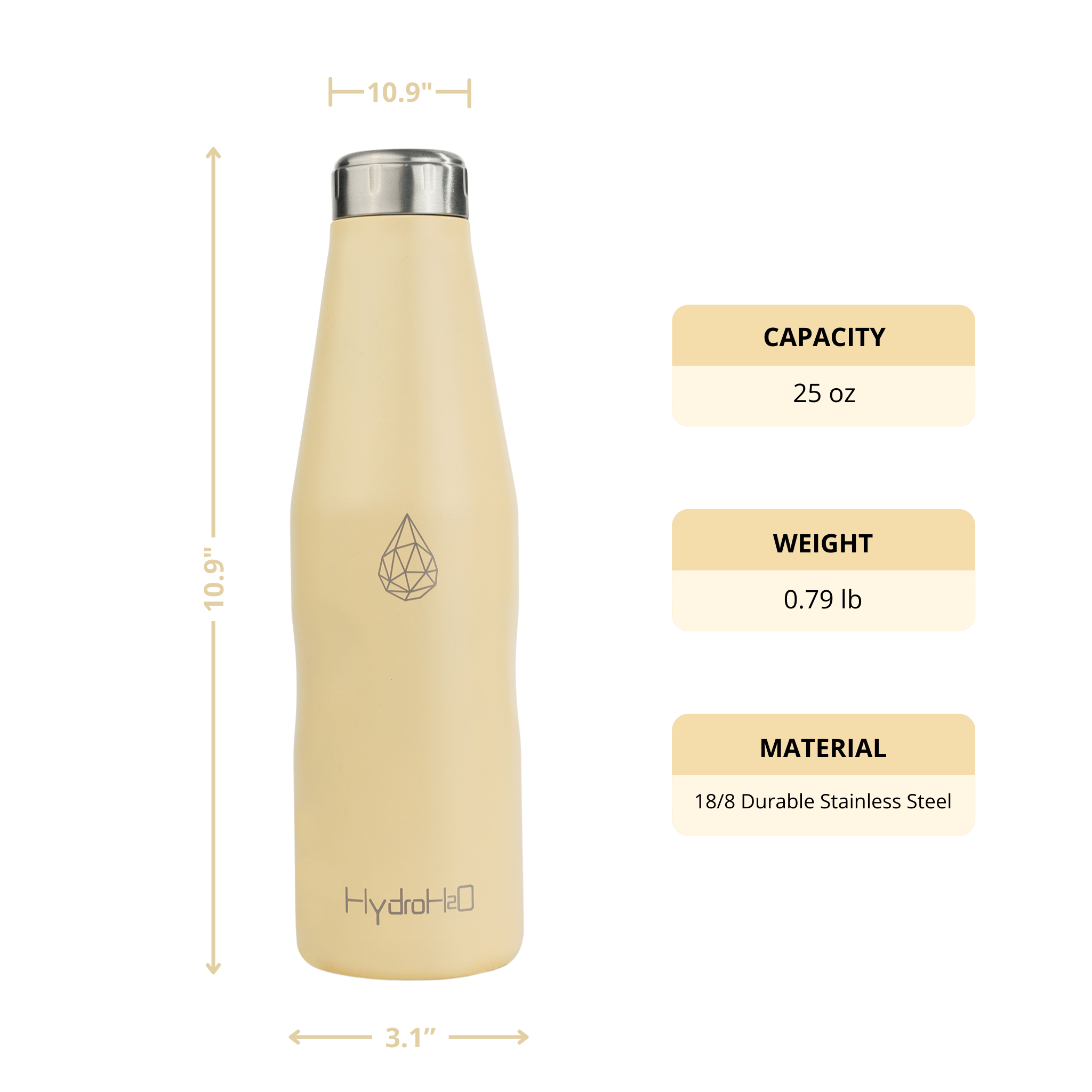 HydroH2O- Beach-VI - Chamomile - 3.4 View - Yellow 25oz water bottle with measurements, capacity, weight, and material details