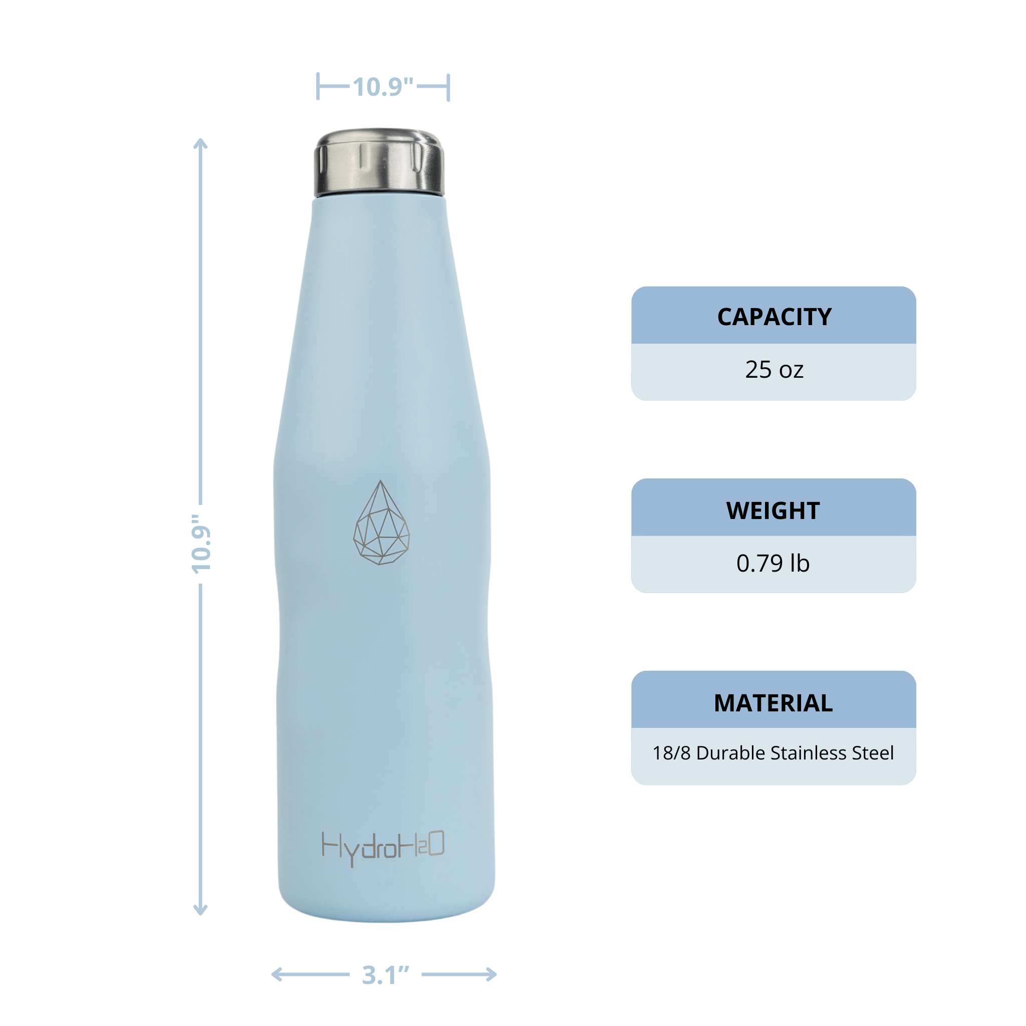 HydroH2O- Beach-VI - Skyride - Front- Blue 25oz water bottle with measurements, capacity, weight, and material details