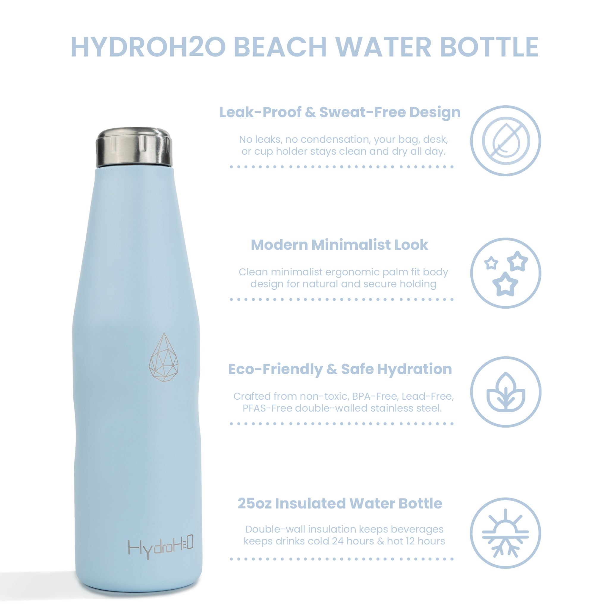 HydroH2O - Beach-VI - Skyride - 3.4 View - Blue 25oz insulated bottle with silver lid features - Durable Stainless Steel