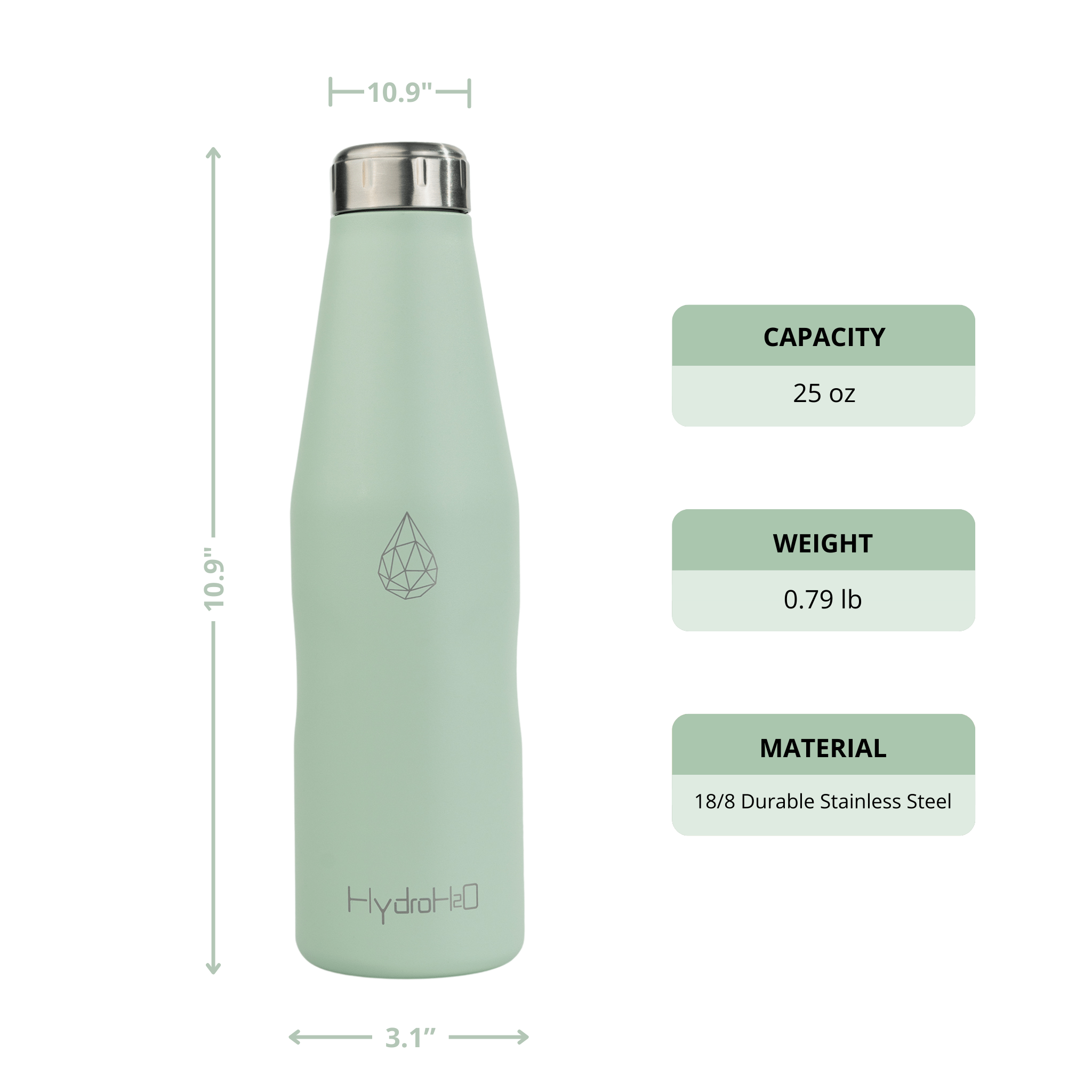 HydroH2O- Beach-VI - Mint Green - Front - Green 25oz water bottle with measurements, capacity, weight, and material details