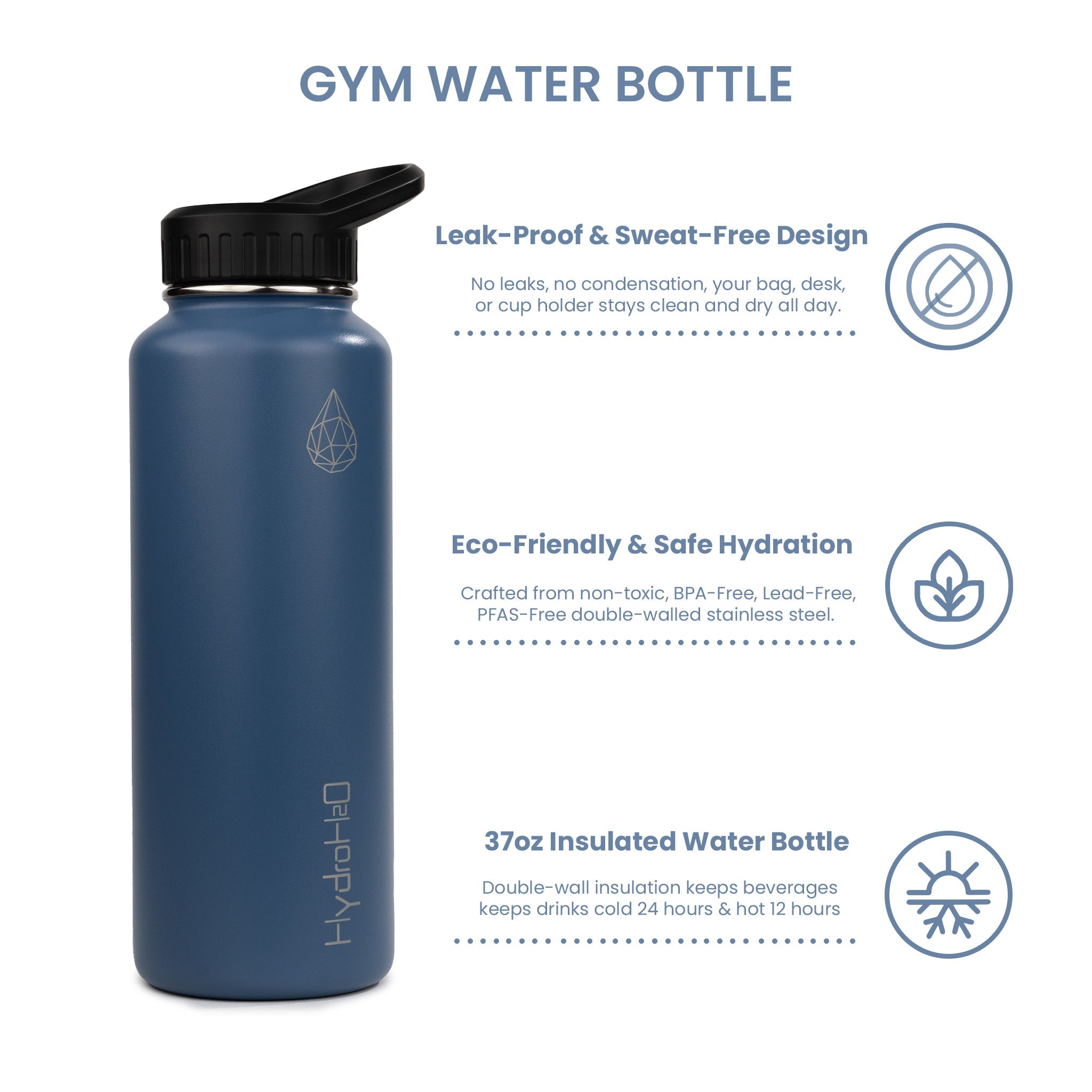 Gym 37oz - HydroH2o - Wild Wind -3.4 View - Dark Blue water bottle with black cap - gym metal water bottle - Leak Proof