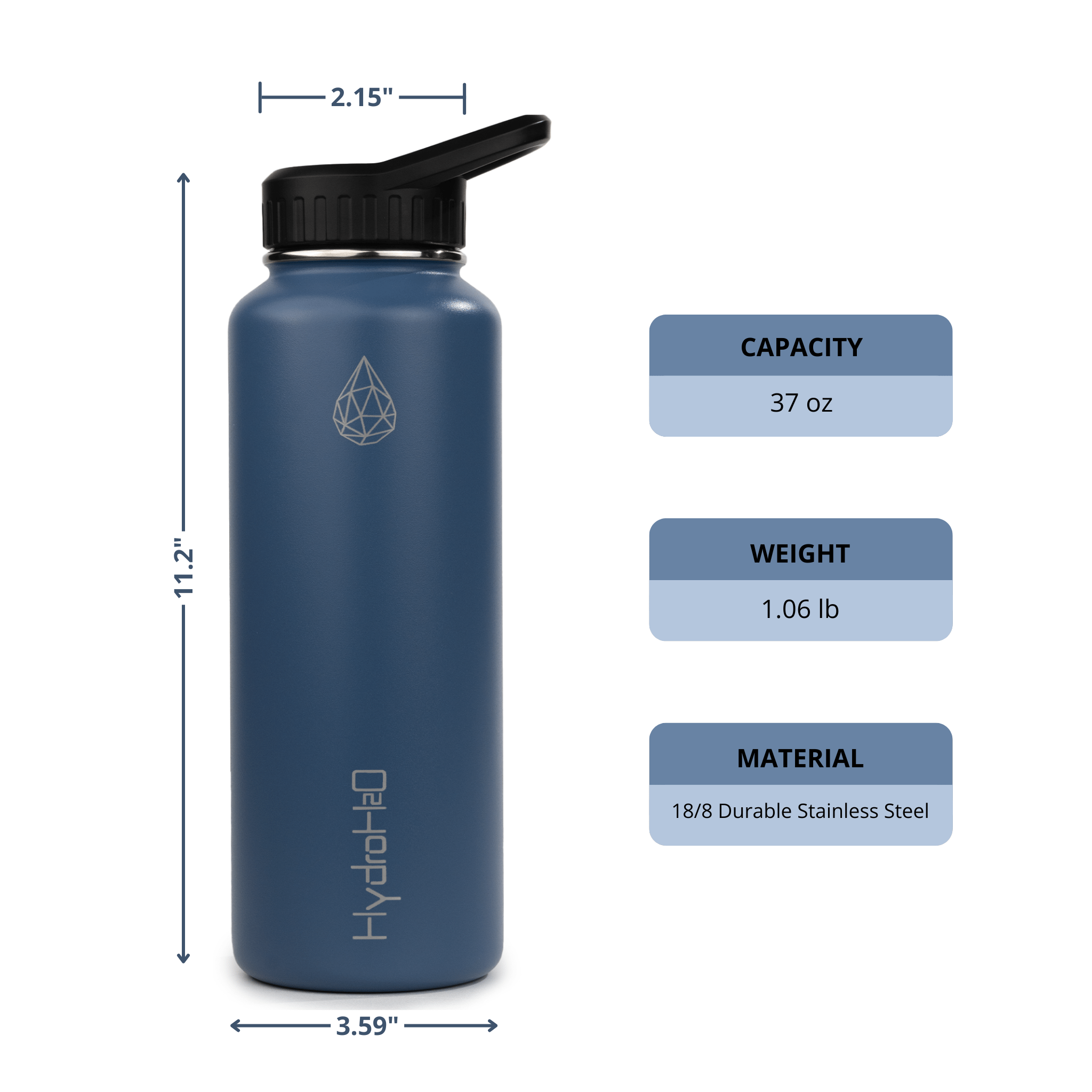 Gym 37oz - HydroH2o - Front - Blue, Dark Blue, Purple, water bottle with black cap - gym metal water bottle - measurements