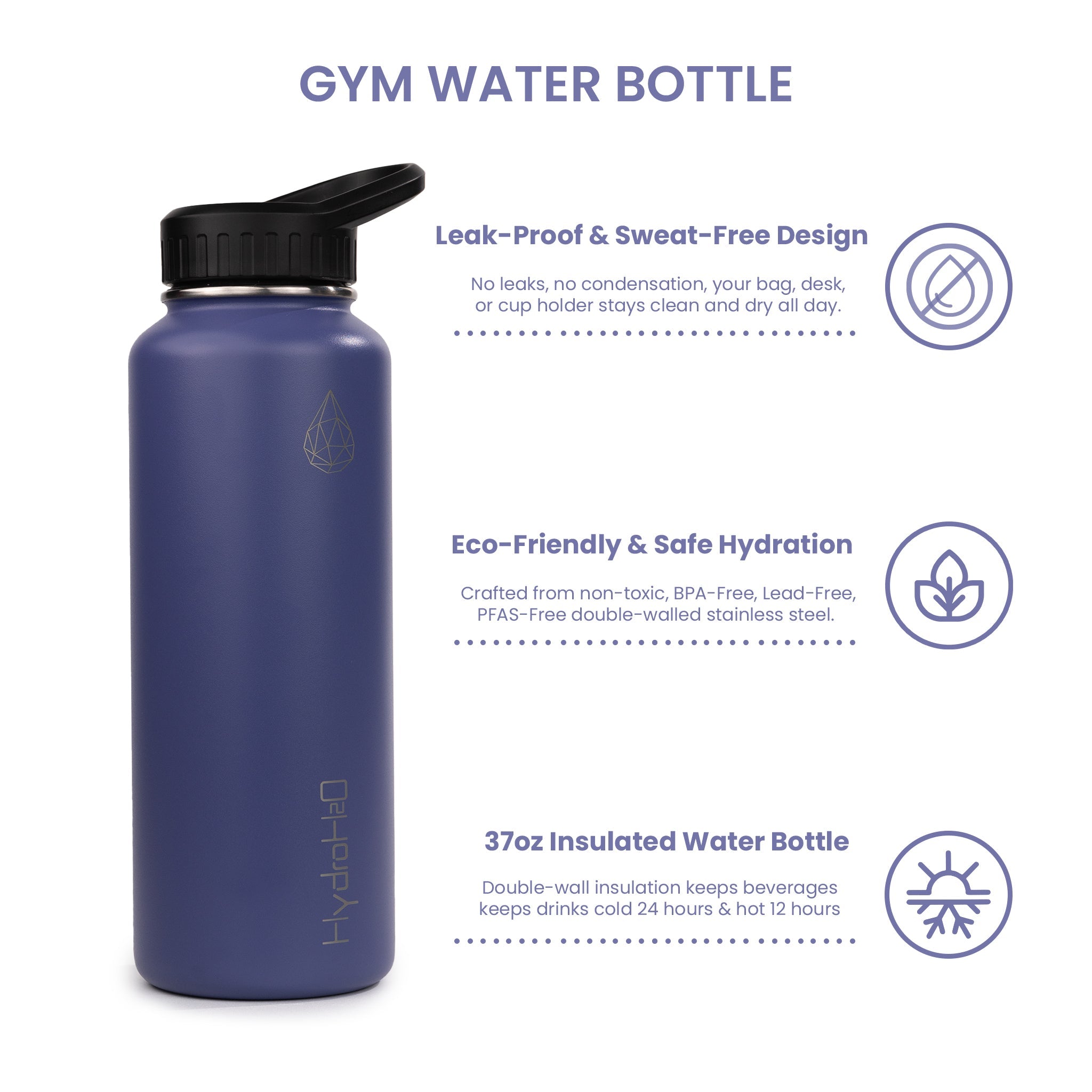 Gym 37oz - HydroH2o - 3.4 View - Purple, water bottle with black cap - gym metal water bottle - Leak Proof
