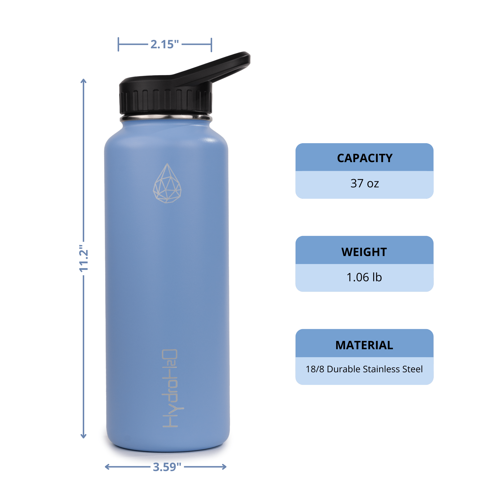 Gym 37oz - HydroH2o - Frozen Fjord - 3.4 View - Blue water bottle with black cap - gym metal water bottle - measurements