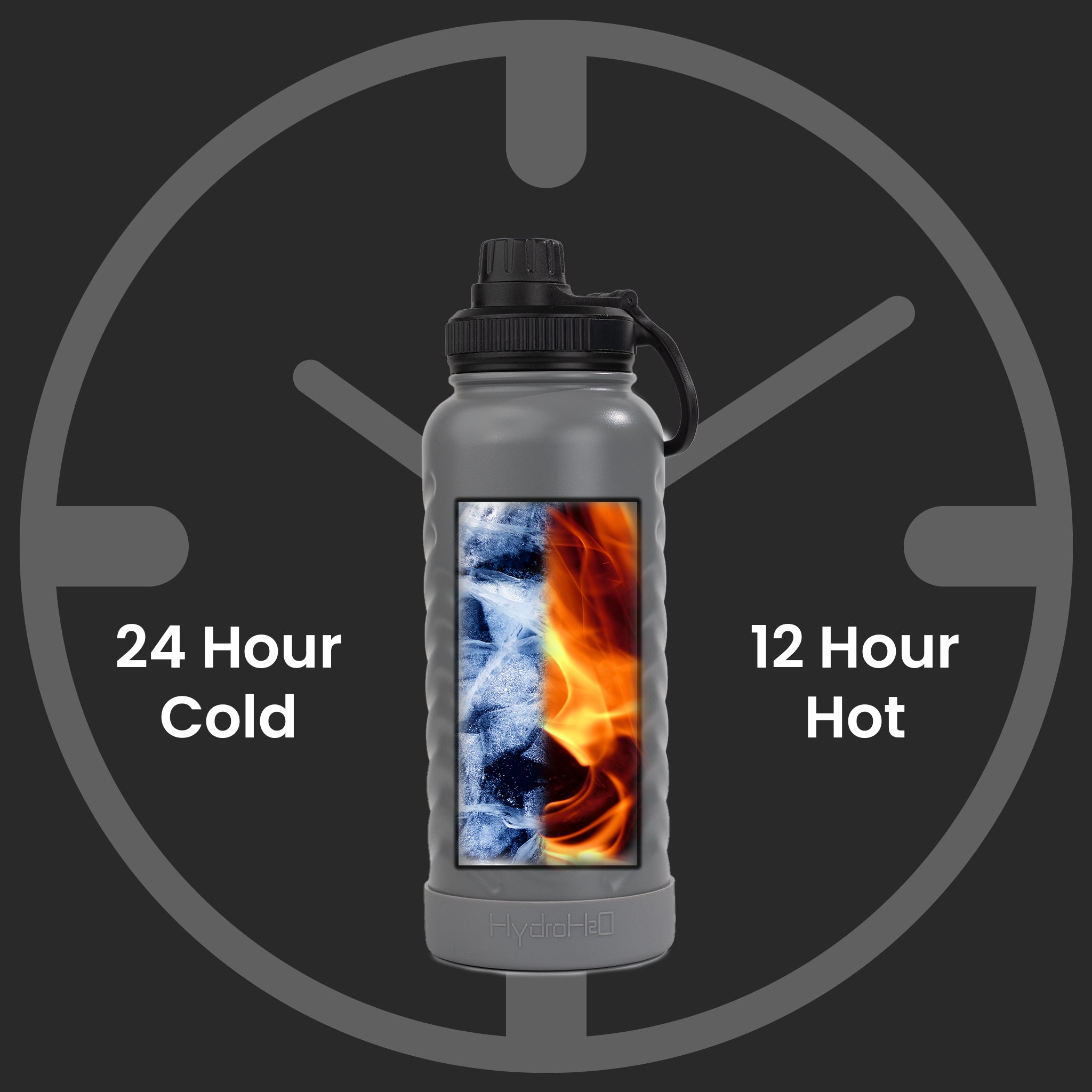 HydroH2O - Vital Flask 2.0 - Top - Grey 25oz 32 oz water bottle with black spout - 24 hour cold - 12 hour hot