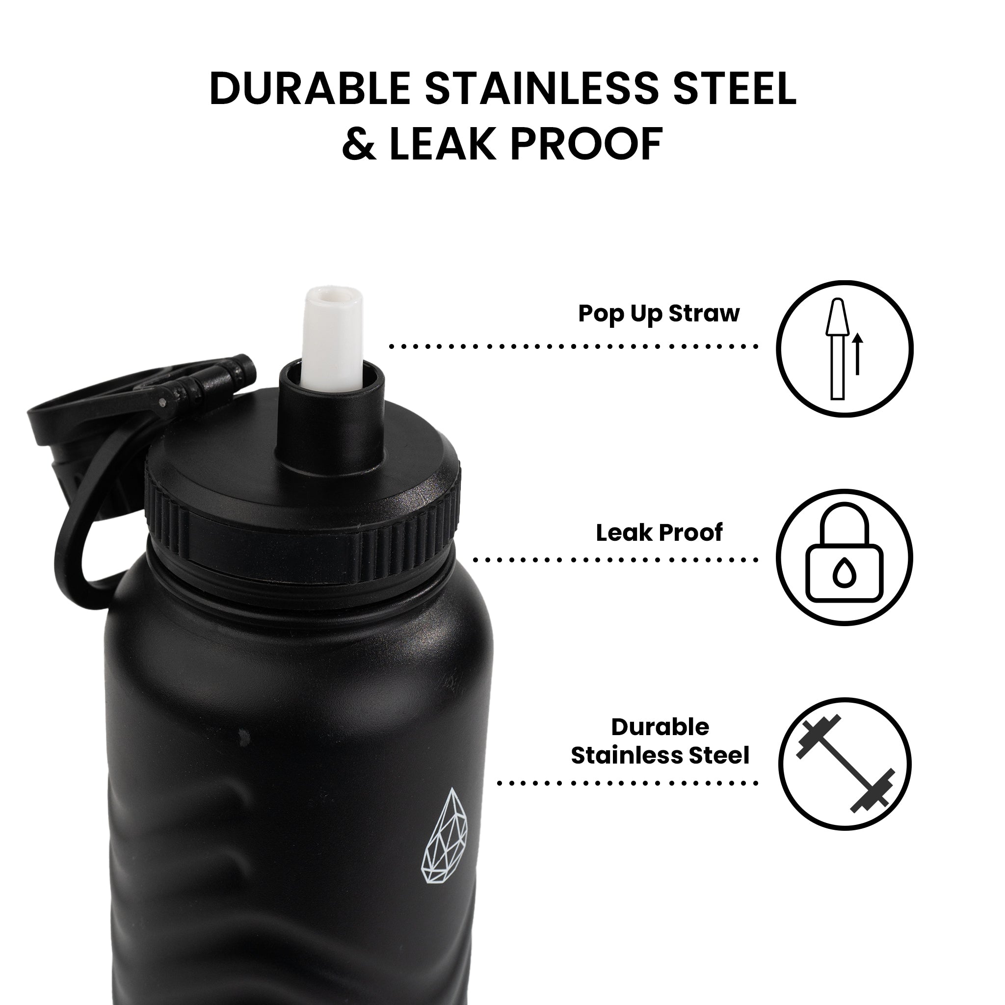 HydroH2O - Vital Flask 2.0 - Top - Black 25oz 32 oz water bottle with black spout - Leak Proof - Reusable Pop-Up Straw
