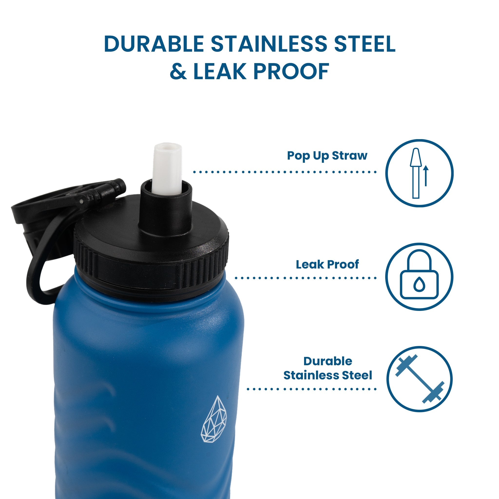 HydroH2O - Vital Flask 2.0 - Top - Blue 25oz 32 oz water bottle with black spout - Leak Proof - Reusable Pop-Up Straw