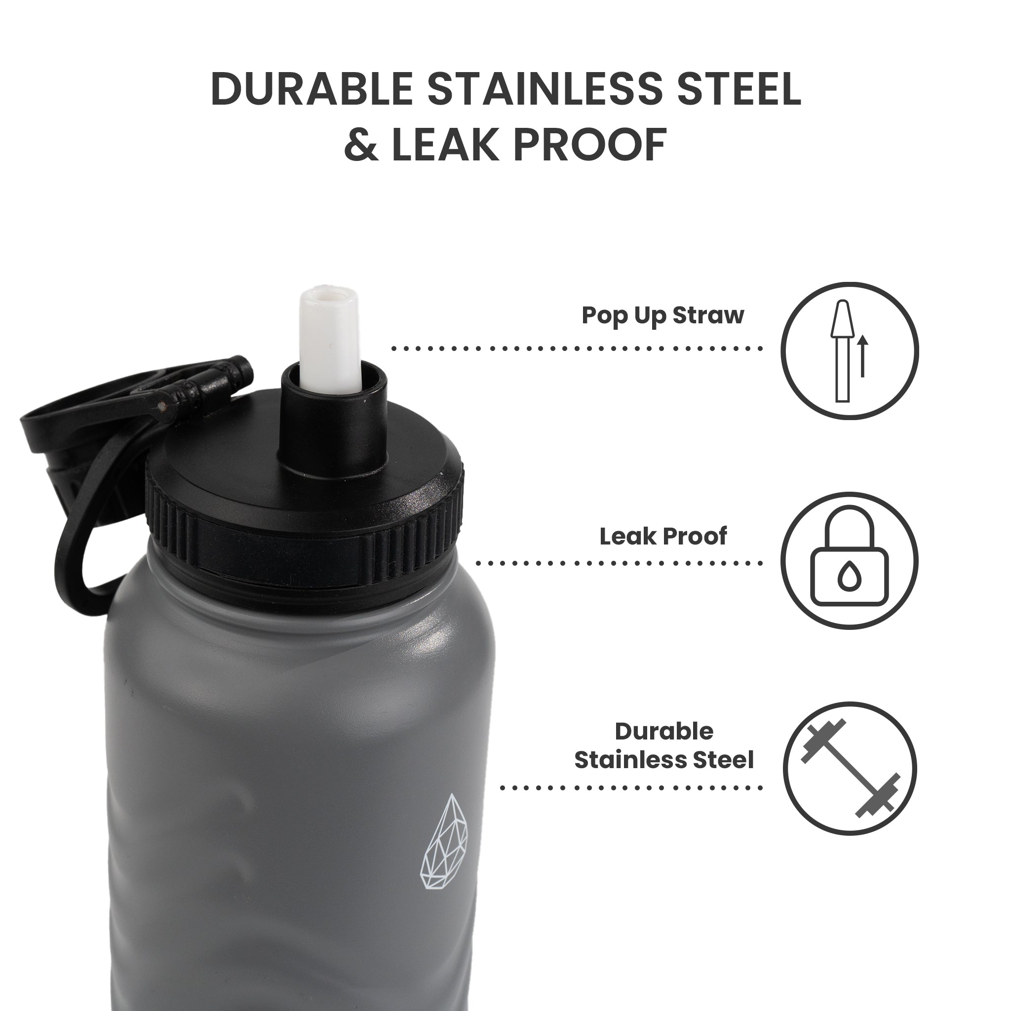HydroH2O - Vital Flask 2.0 - Top - Grey 25oz 32 oz water bottle with black spout - Leak Proof - Reusable Pop-Up Straw