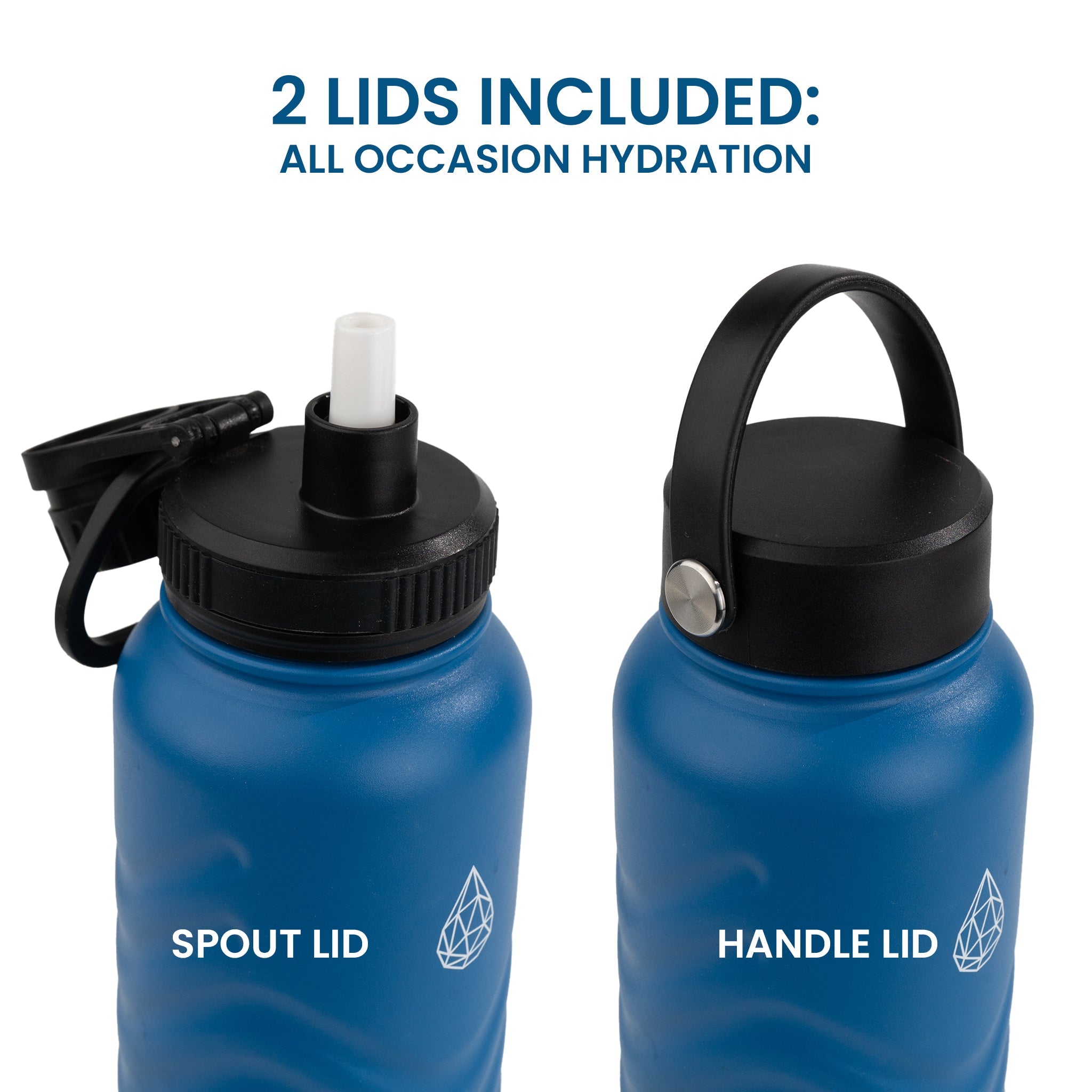 HydroH2O - Vital Flask 2.0 - Top - Blue 25oz 32 oz water bottle with black spout - Handle Lid - comes with 2 lids