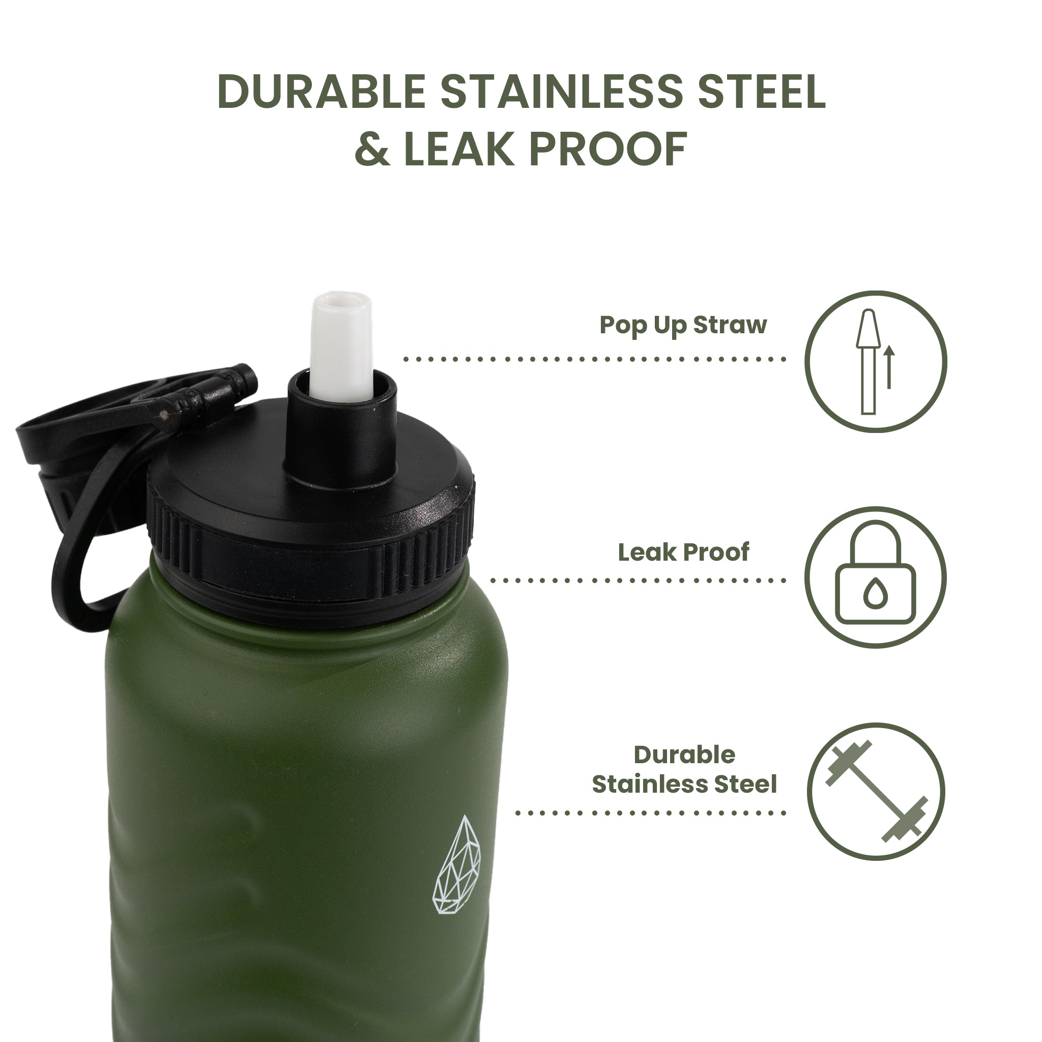 HydroH2O - Vital Flask 2.0 - Top - Green 25oz 32 oz water bottle with black spout - Leak Proof - Reusable Pop-Up Straw