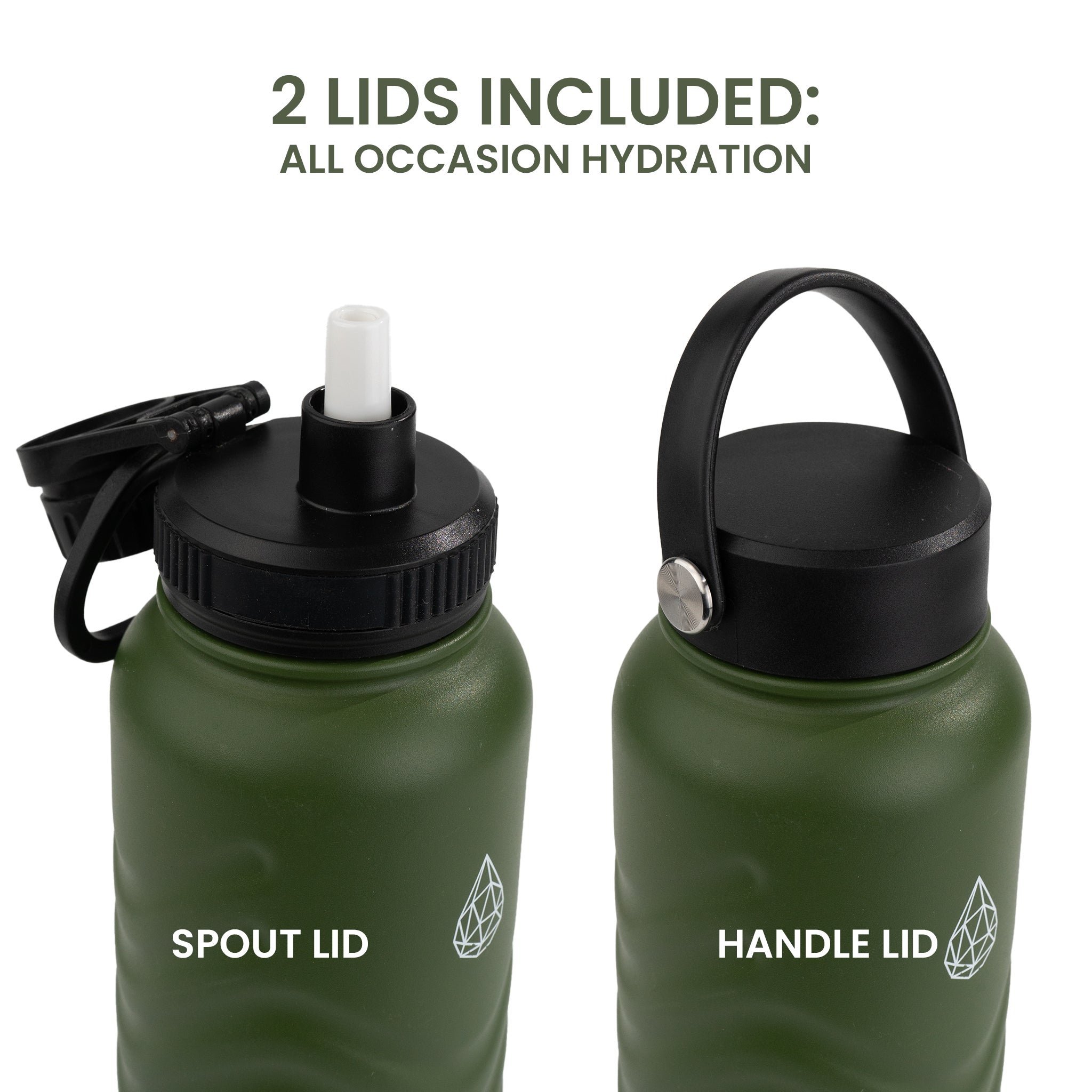 HydroH2O - Vital Flask 2.0 - Top - Green 25oz 32 oz water bottle with black spout - Handle Lid - comes with 2 lids