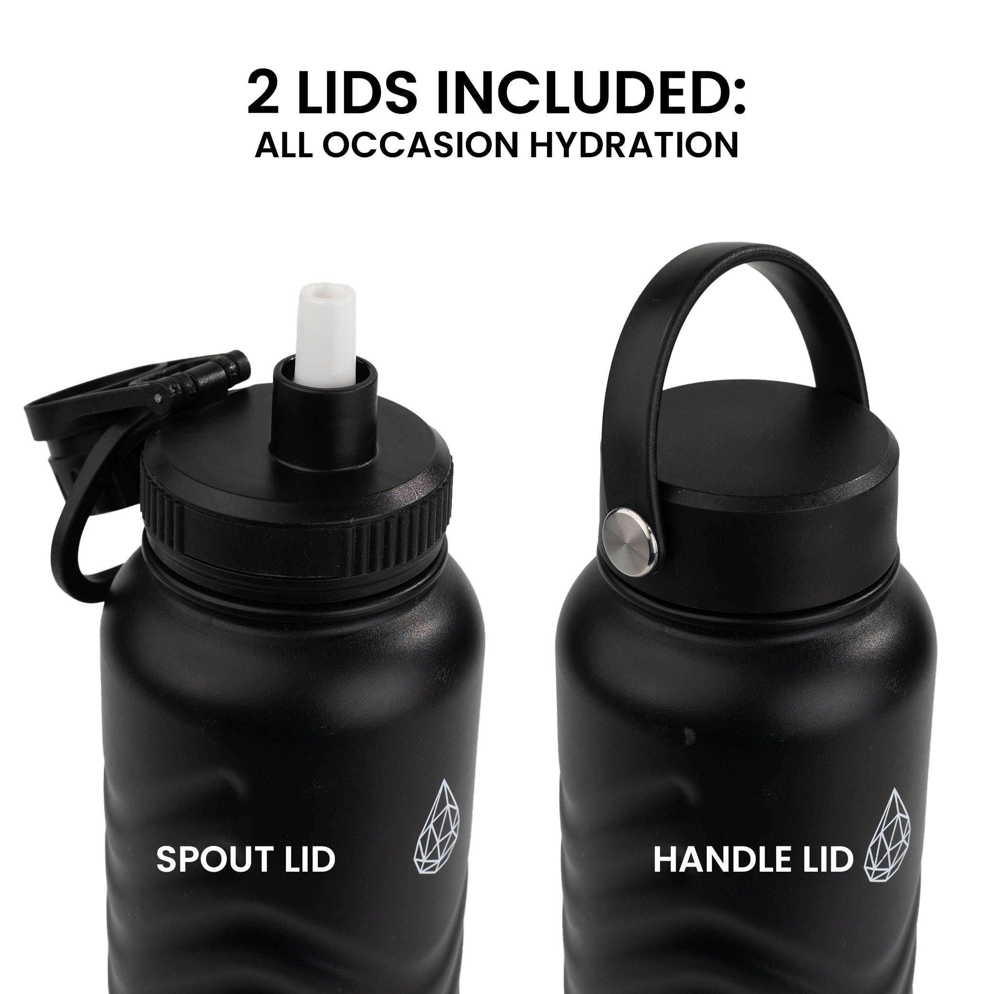 HydroH2O - Vital Flask 2.0 - Top - Black 25oz 32 oz water bottle with black spout - Handle Lid - comes with 2 lids