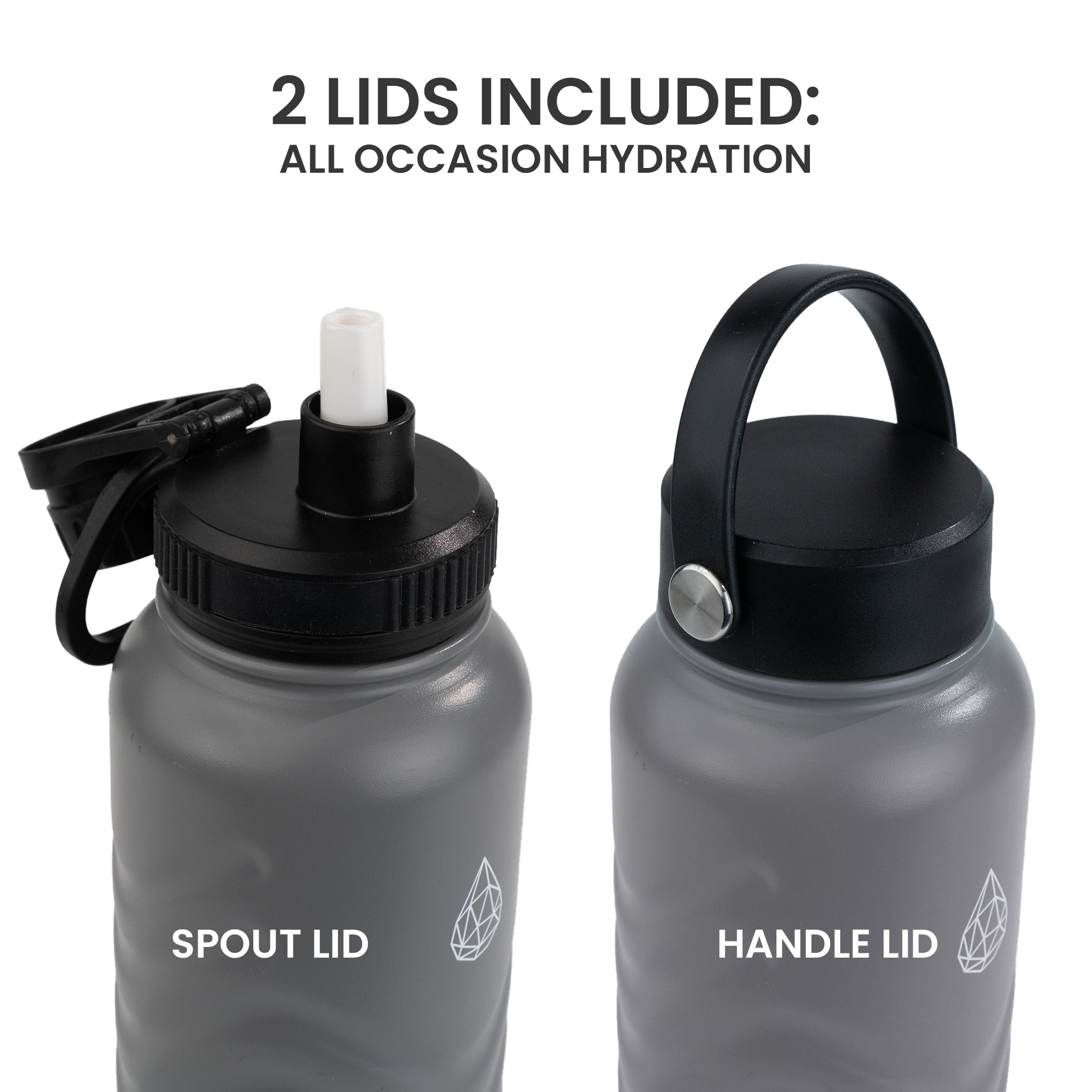 HydroH2O - Vital Flask 2.0 - Top - Grey 25oz 32 oz water bottle with black spout - Handle Lid - comes with 2 lids