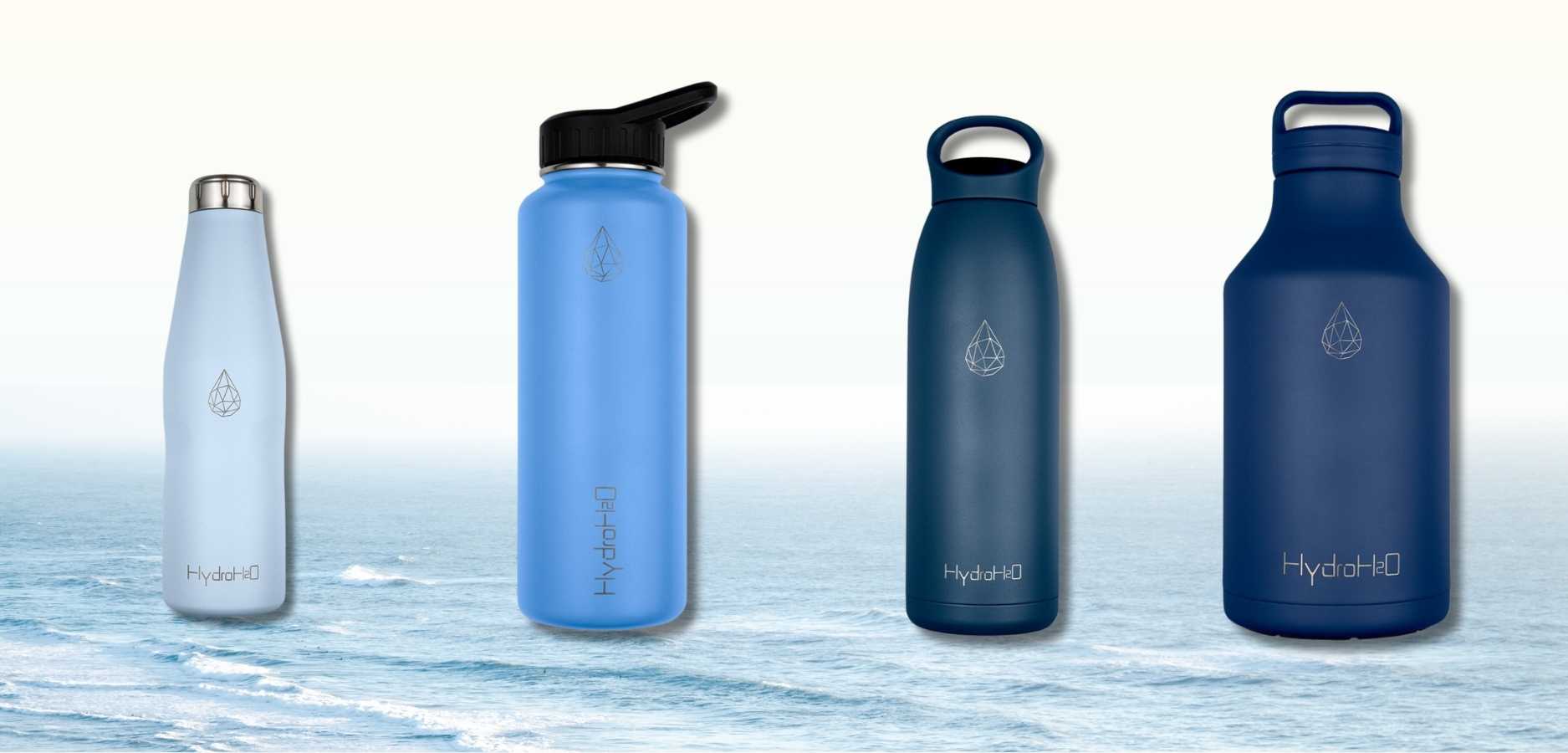 HydroH2O_Stainless_Steel_Water_Bottles_Ocean_Inpired_Colors_On_Ocean_Background