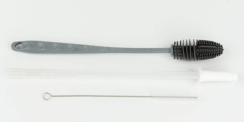 Three-piece cleaning brush set for water bottles, including silicone scrub brush, straw cleaner, and detail brush