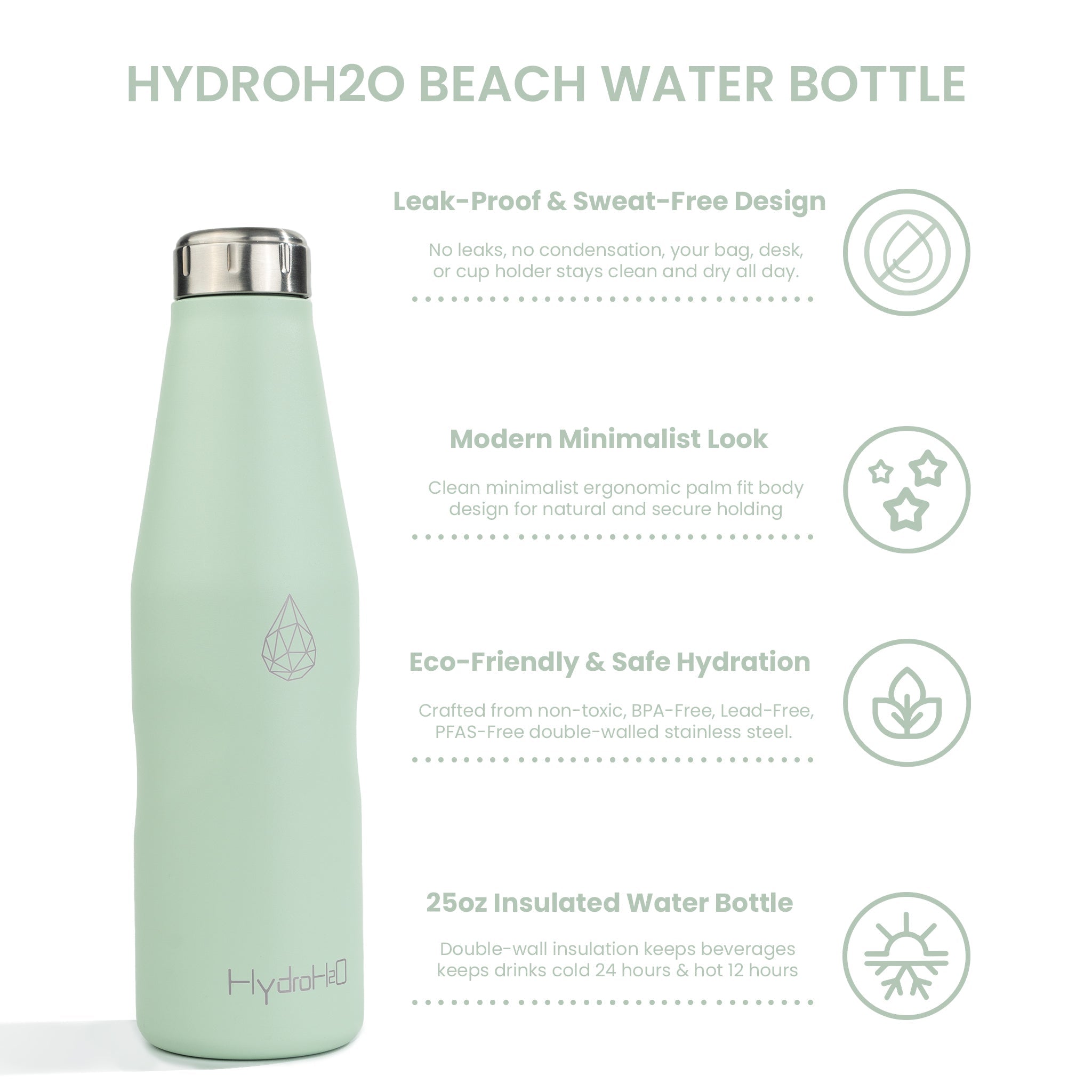 HydroH2O - Beach-VI - Mint Green - 3.4 View - Green 25oz insulated bottle with silver lid features - Durable Stainless Steel