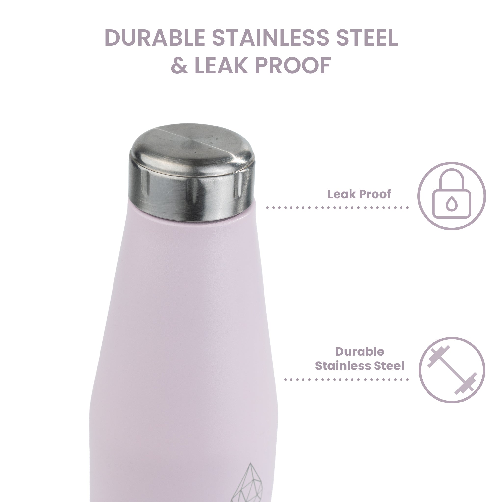 HydroH2O - Beach-VI - LightLilac - 3.4 View - Pink 25oz insulated water bottle with silver lid, features durable & leak-proof