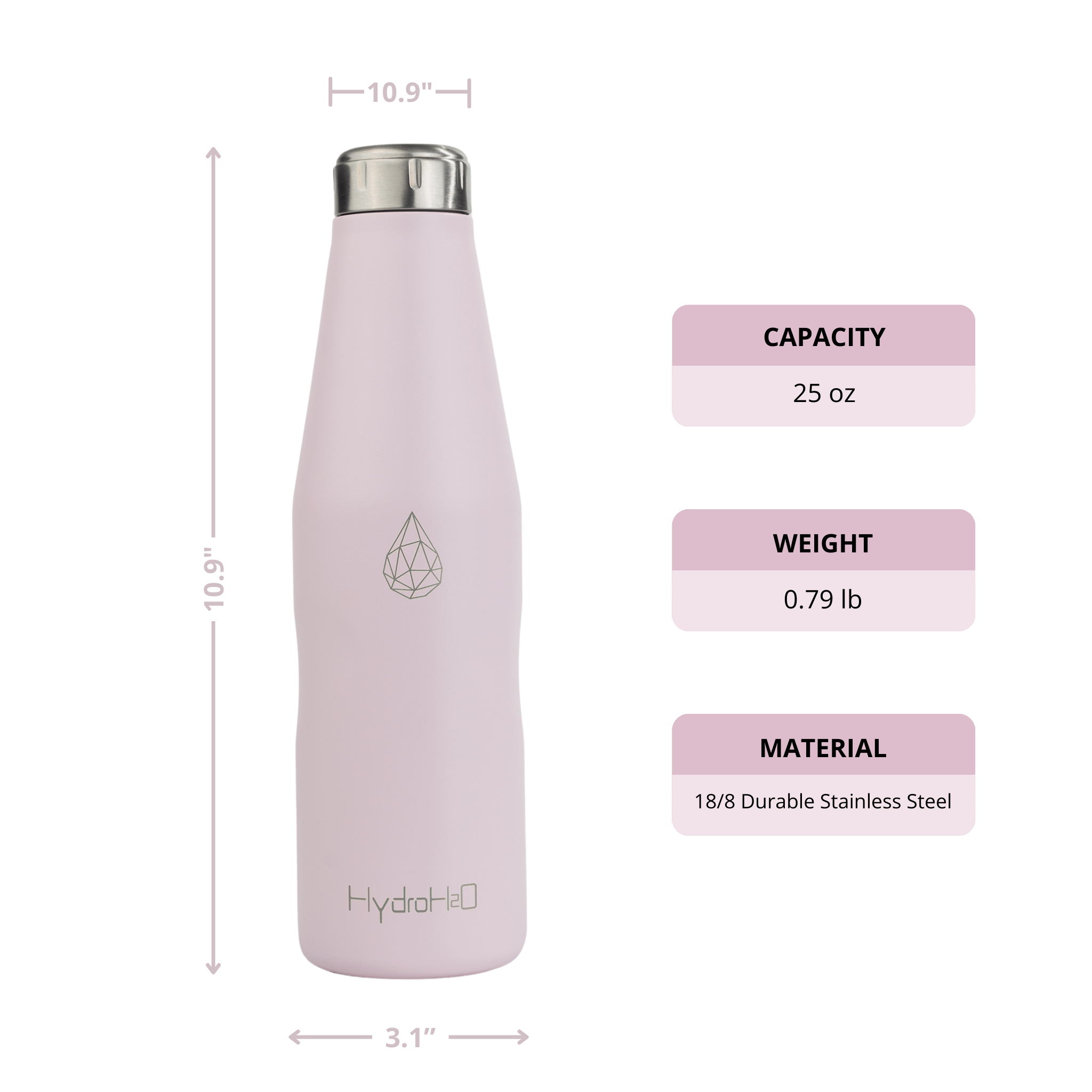 HydroH2O- Beach-VI - LightLilac - 3.4 View - Pink 25oz water bottle with measurements, capacity, weight, and material details
