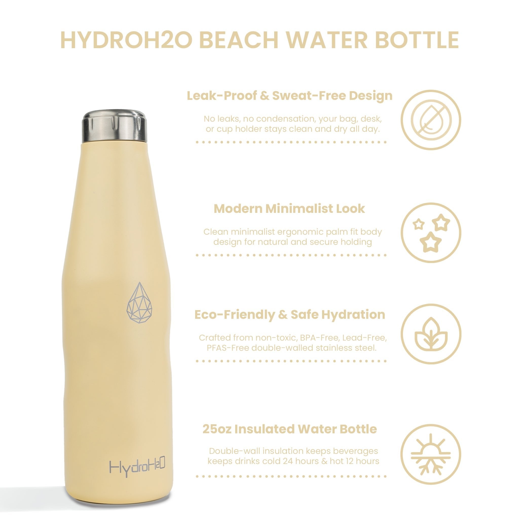 HydroH2O - Beach-VI - Chamomile - 3.4 View - Yellow 25oz insulated bottle with silver lid features - Durable Stainless Steel