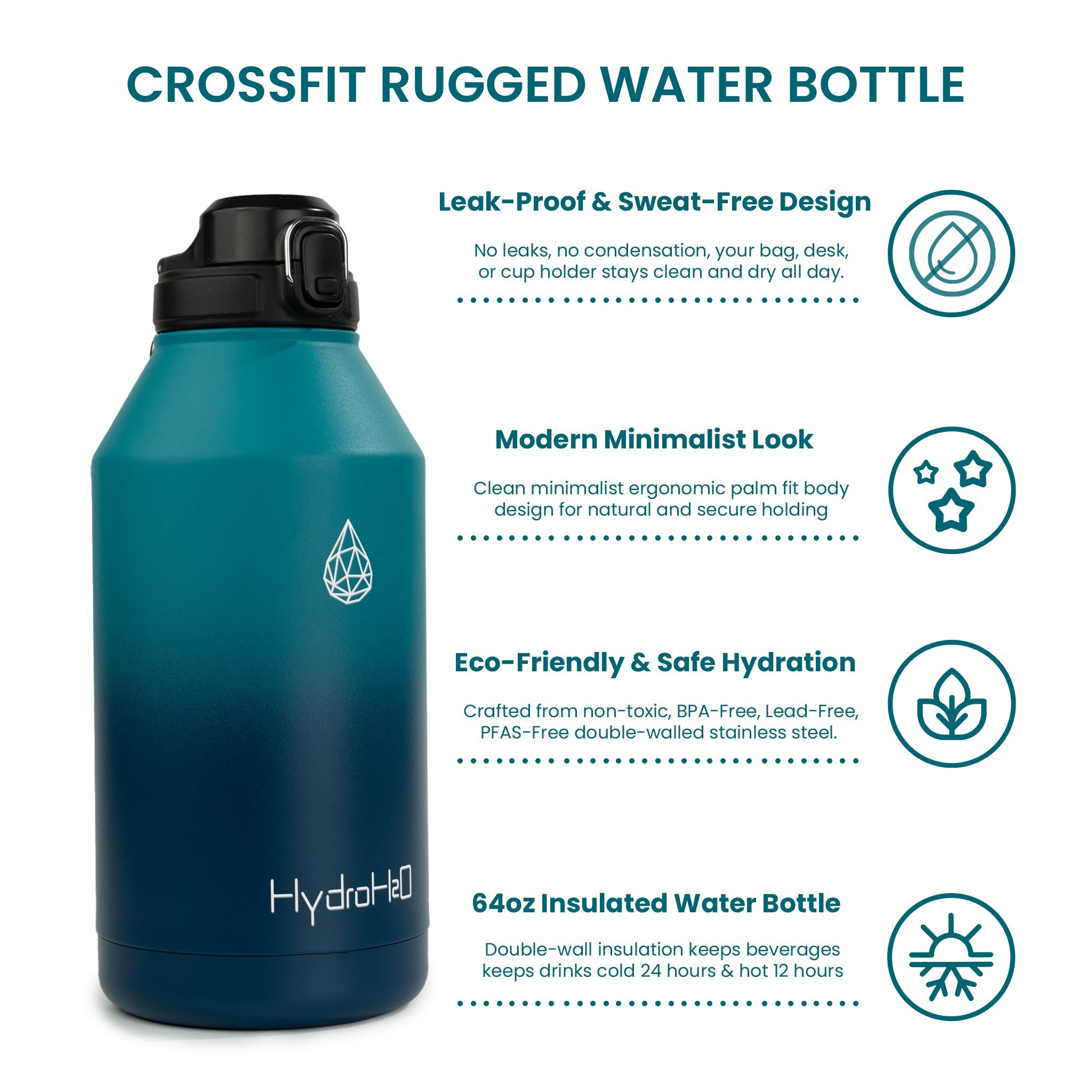 CrossFit Rugged 64oz Stainless Steel Insulated Water Jug - HydroH2o