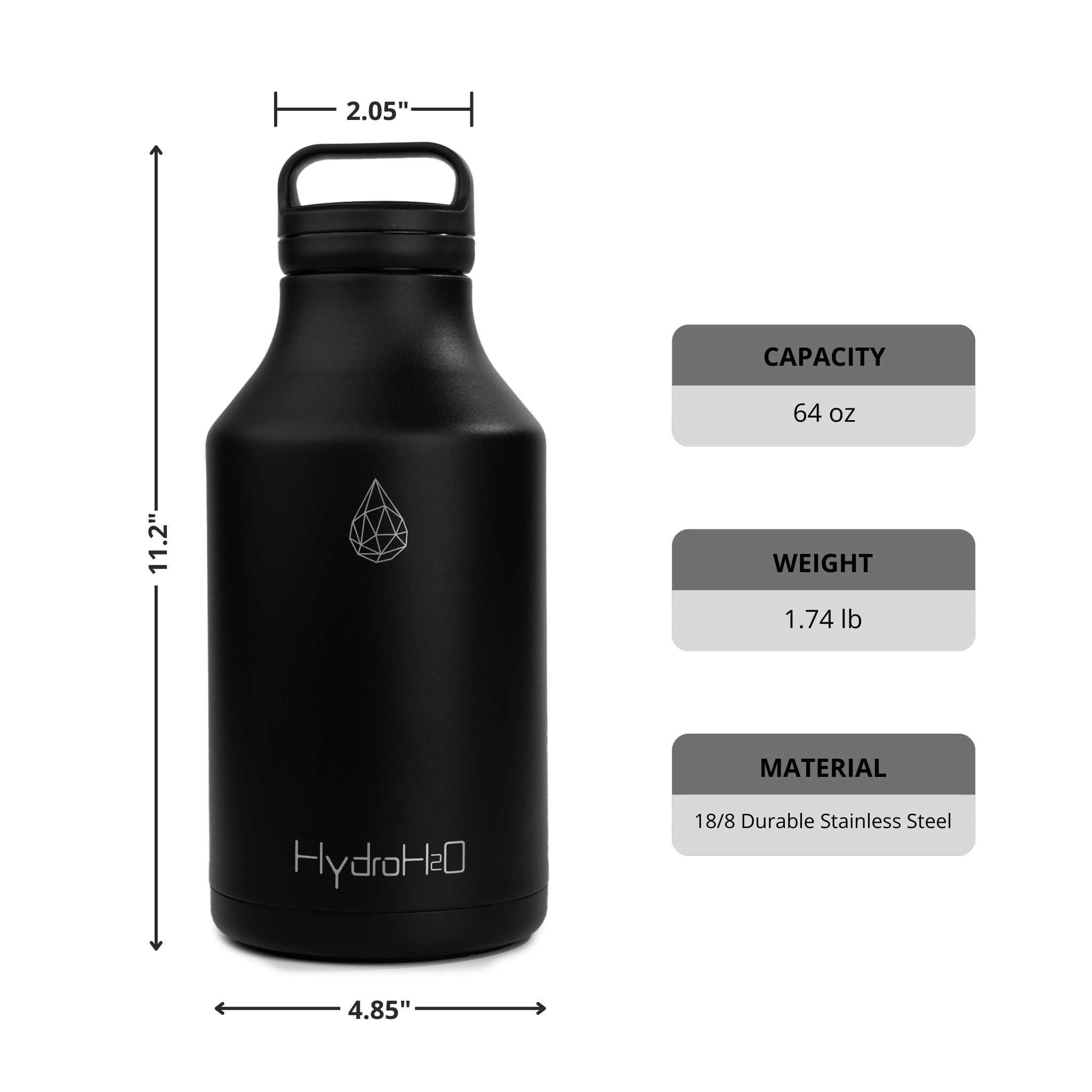 Gym - Marathon - Clean Black - HydroH2o - 64oz - Half Gallon