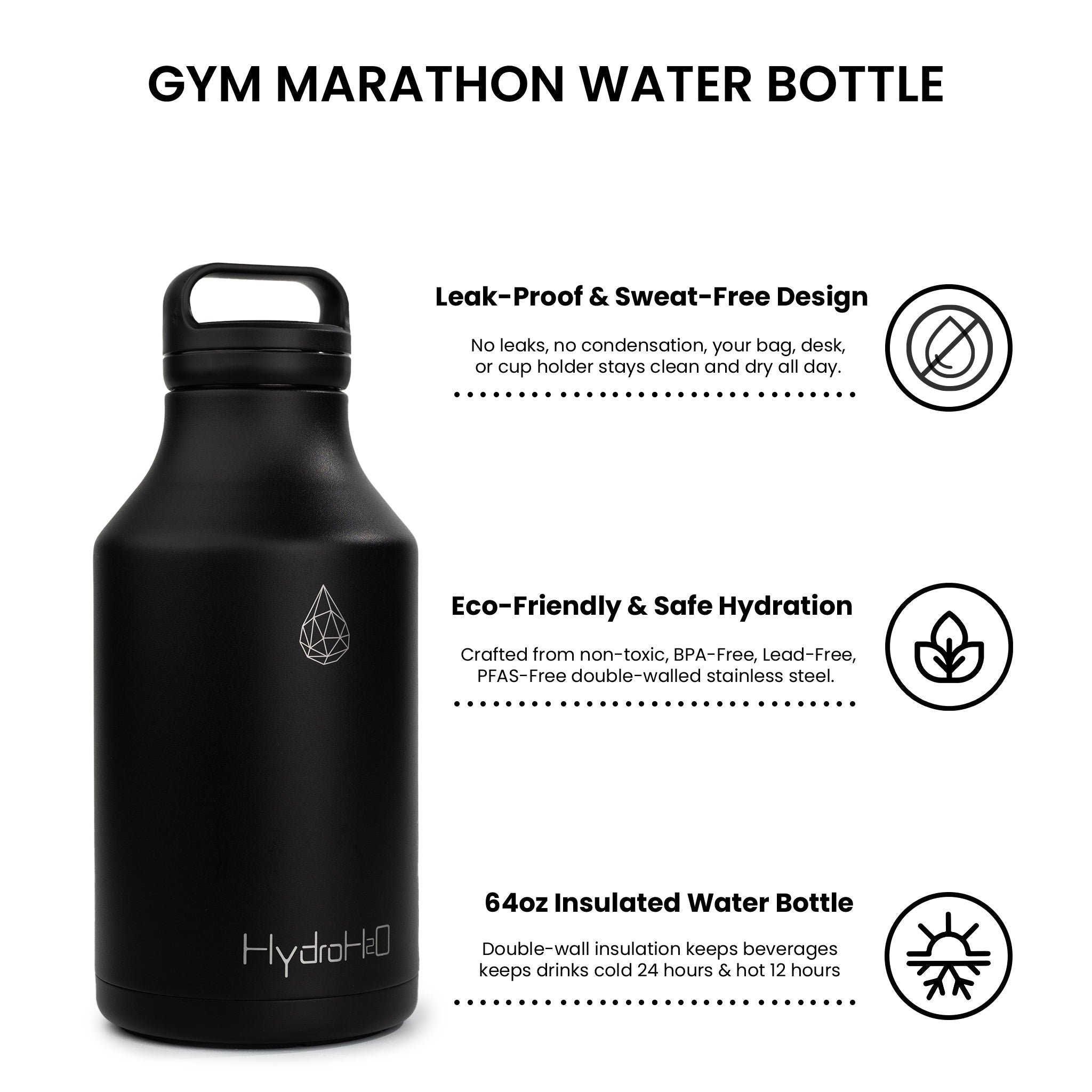 Gym - Marathon - Clean Black - HydroH2o - 64oz - Half Gallon