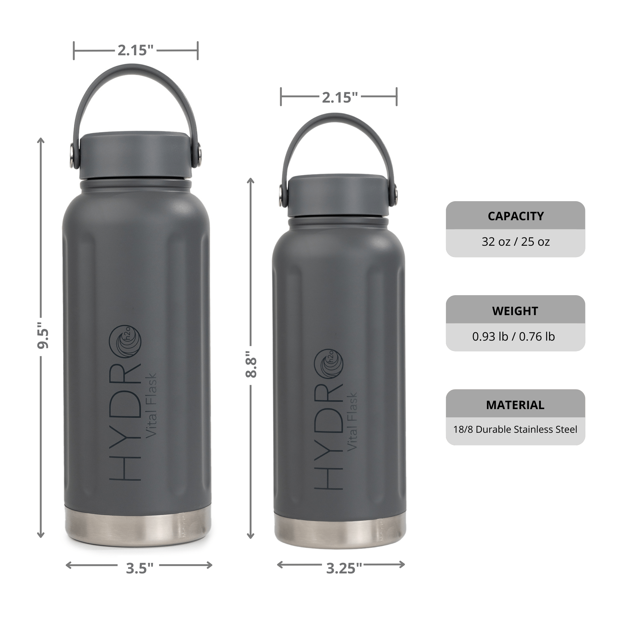 Vital Flask - HydroH2o - 25oz - 32 oz Stainless Steel Water Bottle in Grey