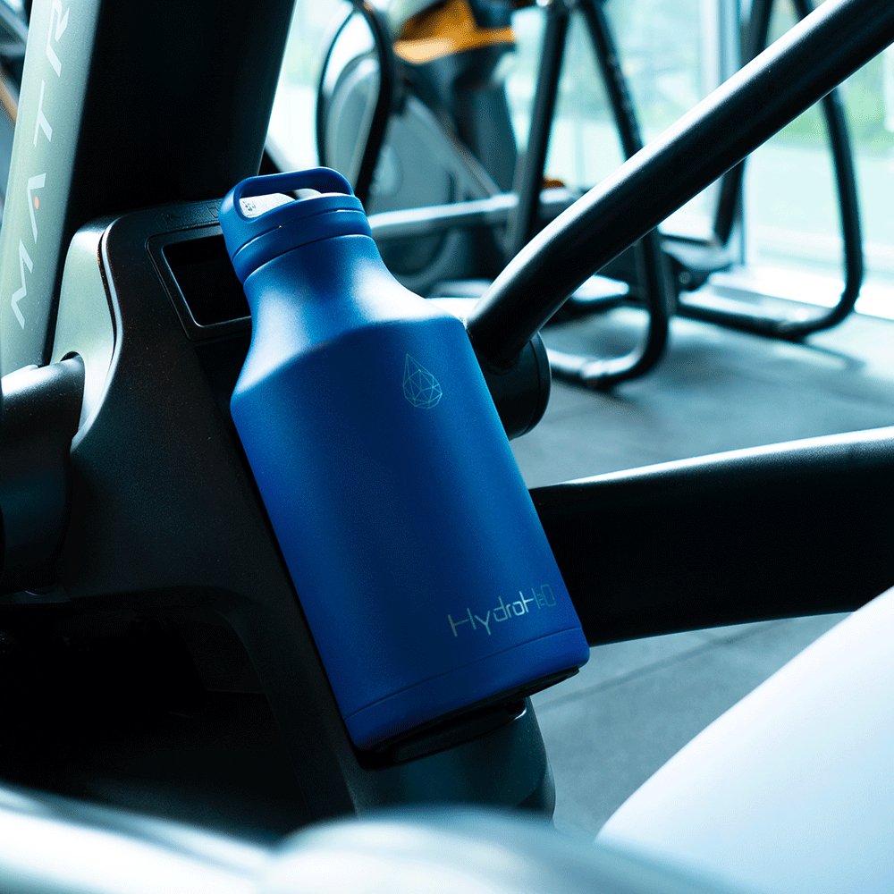 Gym Marathon 64oz Stainless Steel Water Bottle - Deja Vu Blue On Gym Equipment - Gym Ready Bottle Keeps Water Cold 24 Hours | HydroH2O - Affordable Hydration